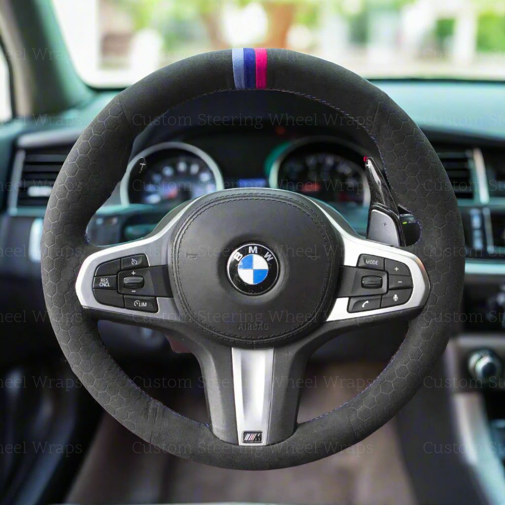 Steering-wheel-wrap-cover-alcantara-mesh-custom-perfect-fit-black-leather-embossed