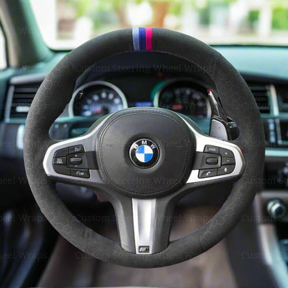 Steering-wheel-wrap-cover-alcantara-mesh-custom-perfect-fit-black-leather-embossed